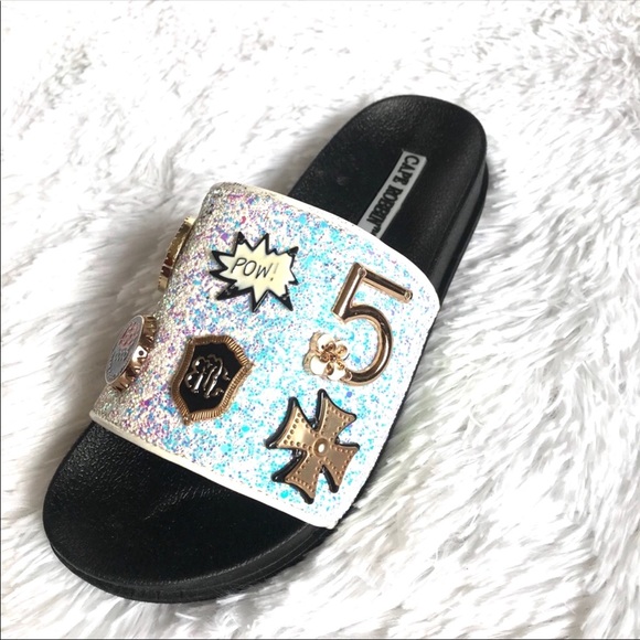 Cape Robbin Other - New Kids DAZZLING SILVER & White Sandal Slides